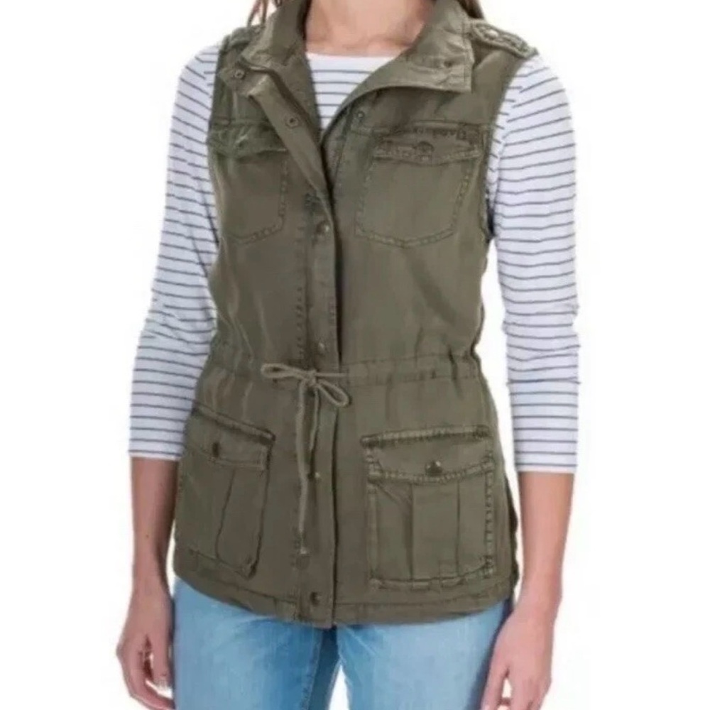 Max Jeans Vest Olive Green Khaki Tencel Military Style Long Jacket Women’s Small